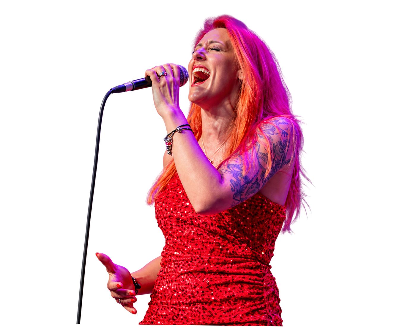 Keely-Marie singing in a red sequin dress